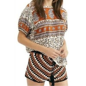 Free People Paisley Puff Sleeve T-Shirt Ivory Combo rust Scoop Back Relaxed boho